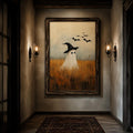 Witch-hat ghost artwork in a candlelit narrow hallway