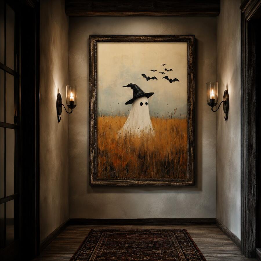 Witch-hat ghost artwork in a candlelit narrow hallway