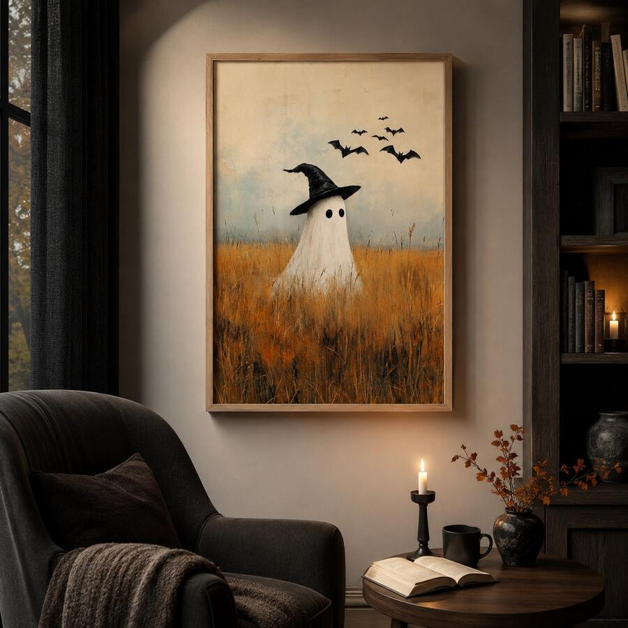 Ghost witch painting above an armchair with books and a candlelit table