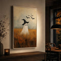 Portrait Halloween ghost art above a wood console near a dining room