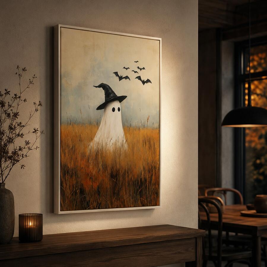 Portrait Halloween ghost art above a wood console near a dining room