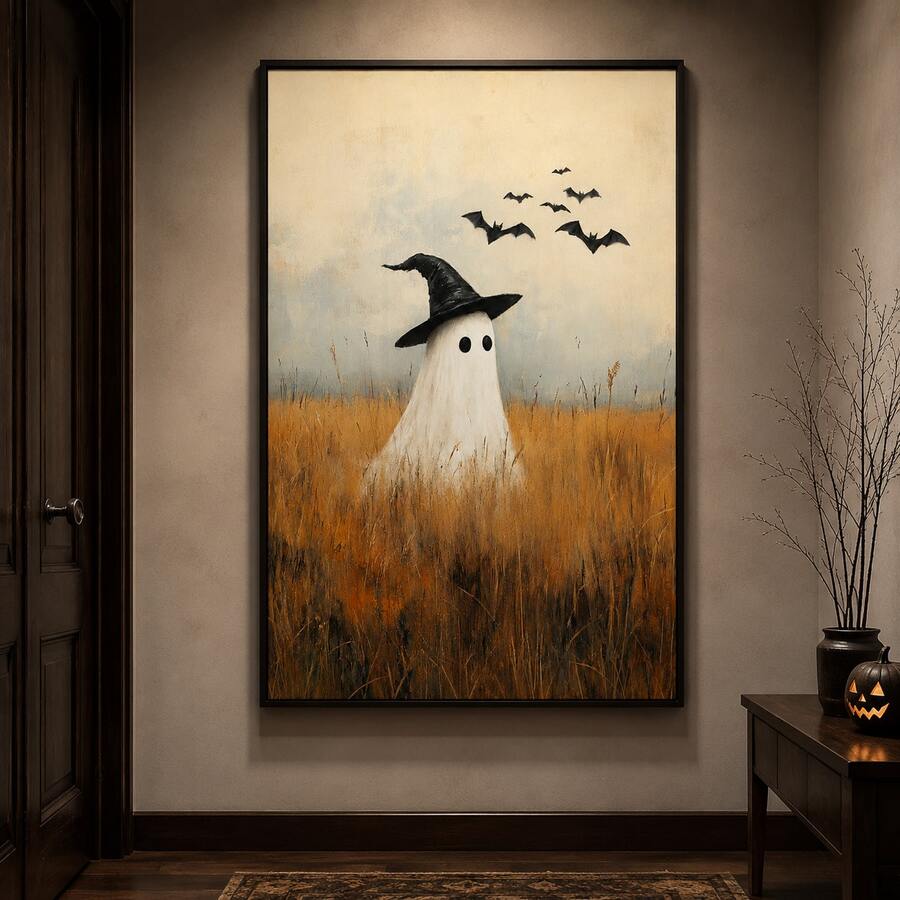 Portrait ghost witch wall art with flying bats in a hallway mockup