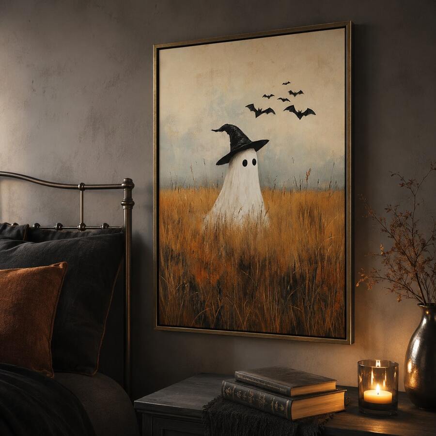 Ghost and bats Halloween wall art beside a metal-frame bed