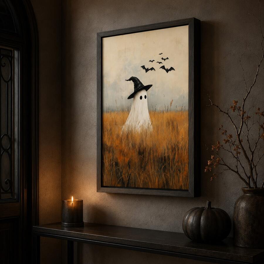 Witch-hat ghost wall print above an entry console with a pumpkin and candle
