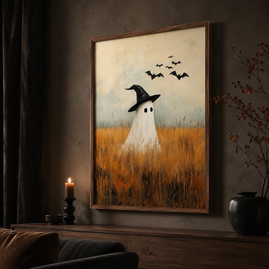Painterly witch-hat ghost print above a sideboard with a candle and vase