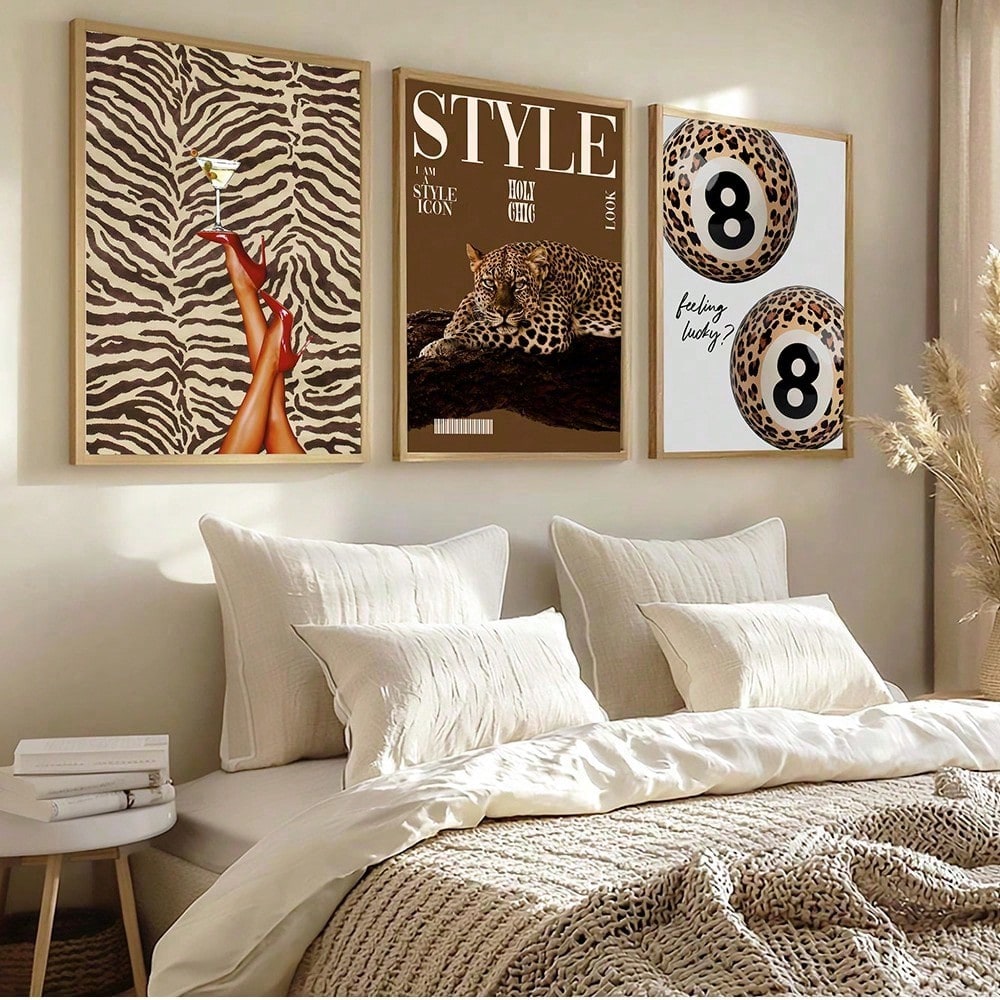 3pcs Wall Art Decor Set, 3 Canvas Posters Unframed Prints, Cheetah Leopard Print Magazine Style Painting Art, Zebra High Heels Lucky Ball Billiards, Bedroom Closet Living Room Decoration