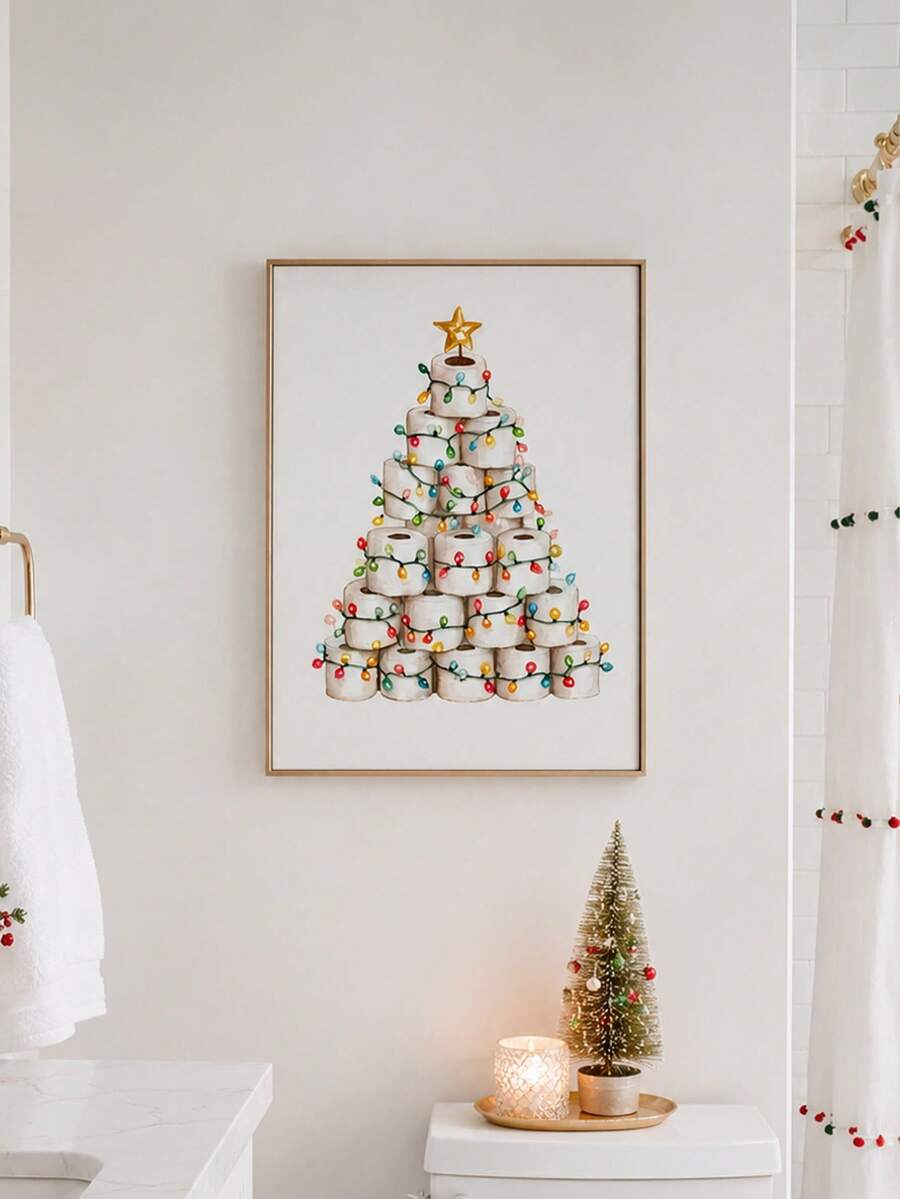 Framed toilet paper tree artwork displayed above a bathroom vanity