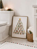 Holiday bathroom scene with framed toilet roll tree poster and festive towels