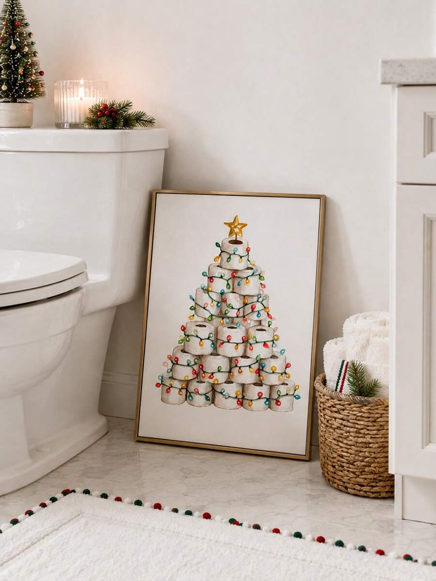 Holiday bathroom scene with framed toilet roll tree poster and festive towels
