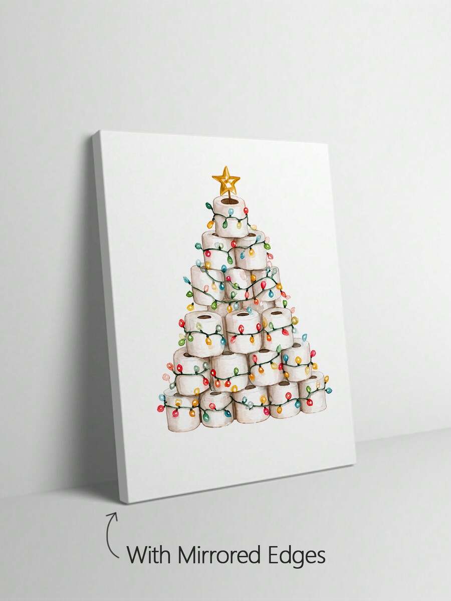 Framed toilet paper Christmas tree print above a bathroom toilet with holiday accents