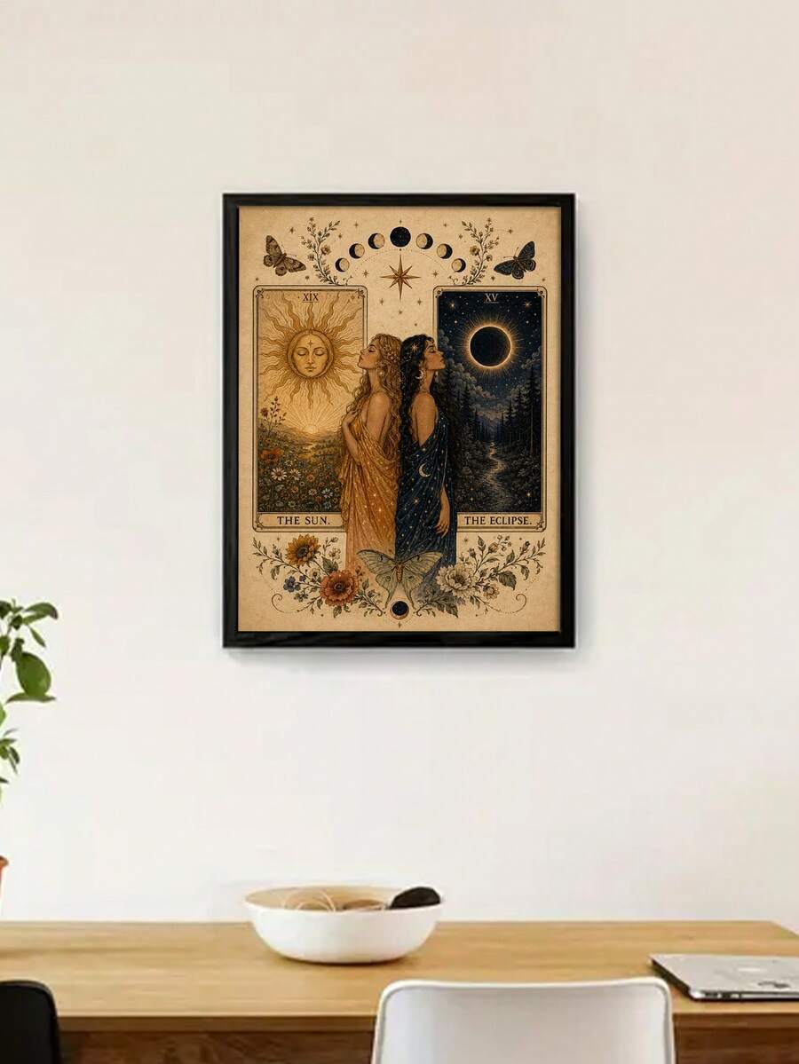 Framed celestial tarot poster with sun and eclipse cards on a wood surface