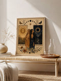 Framed celestial goddess canvas poster in a warm boho living space