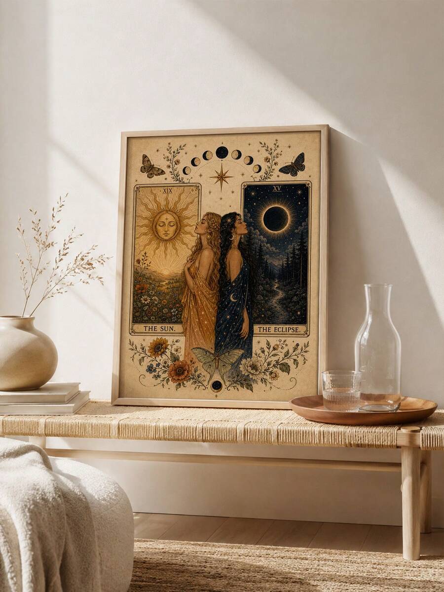 Framed celestial goddess canvas poster in a warm boho living space