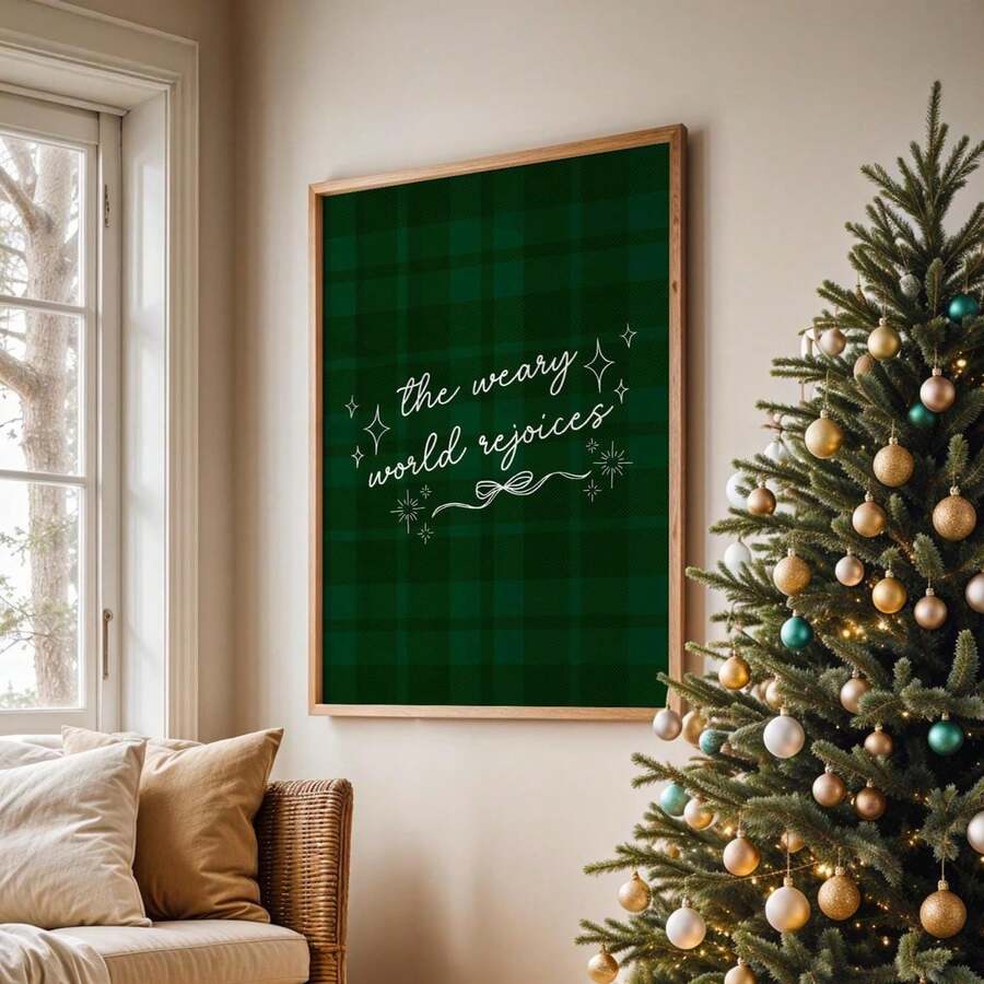 Teal plaid Christian Christmas print with The Weary World Rejoices