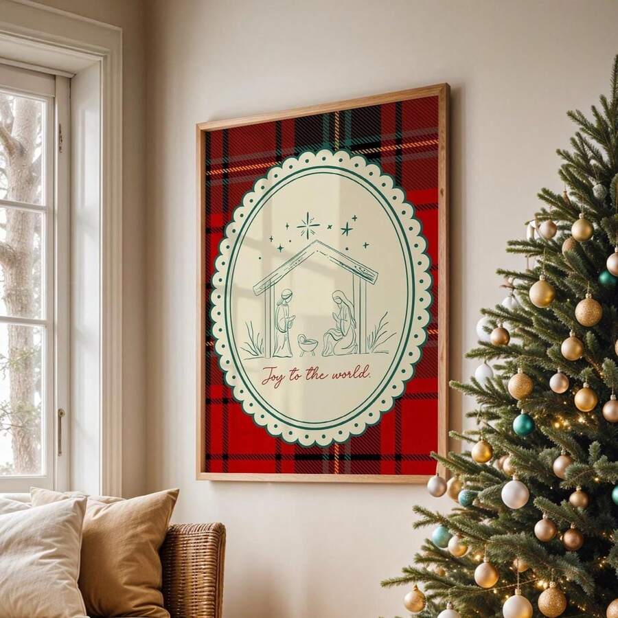 Red tartan nativity canvas print with Joy to the World message
