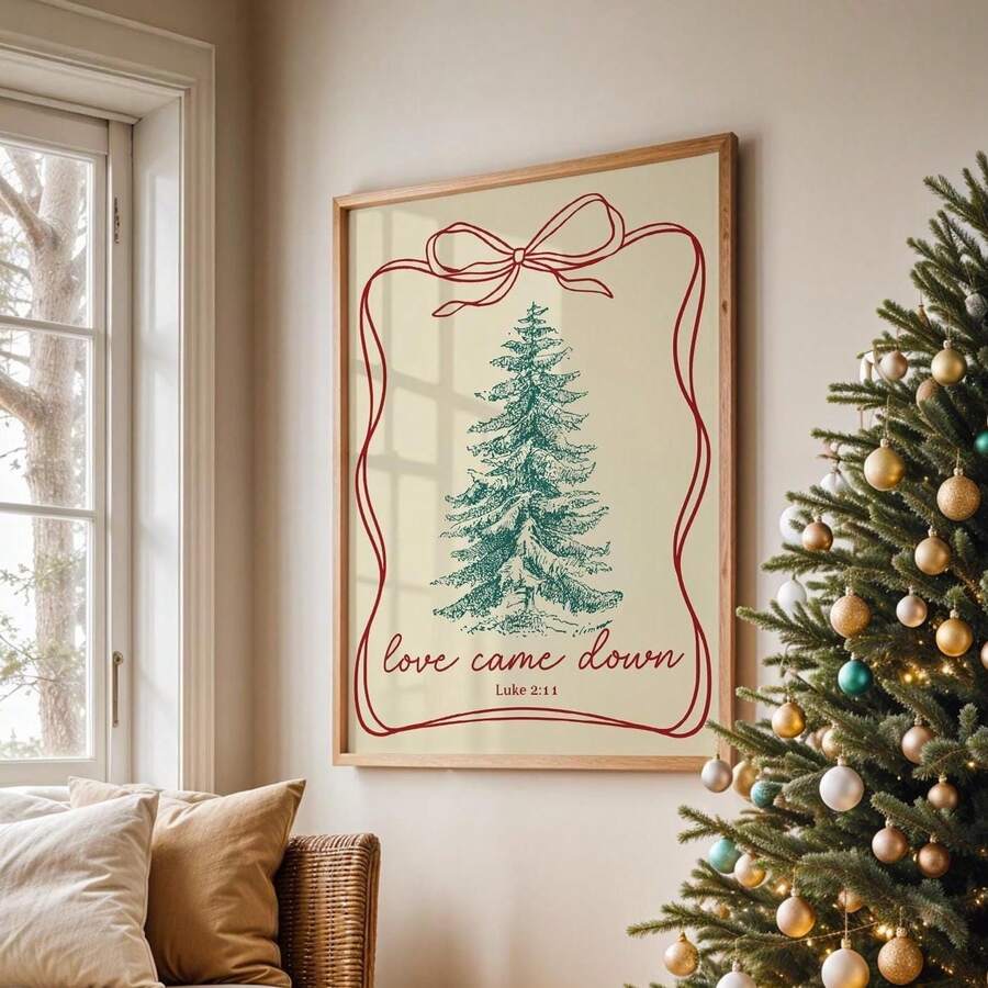Christmas tree canvas art with Love Came Down and Luke 2 11 verse