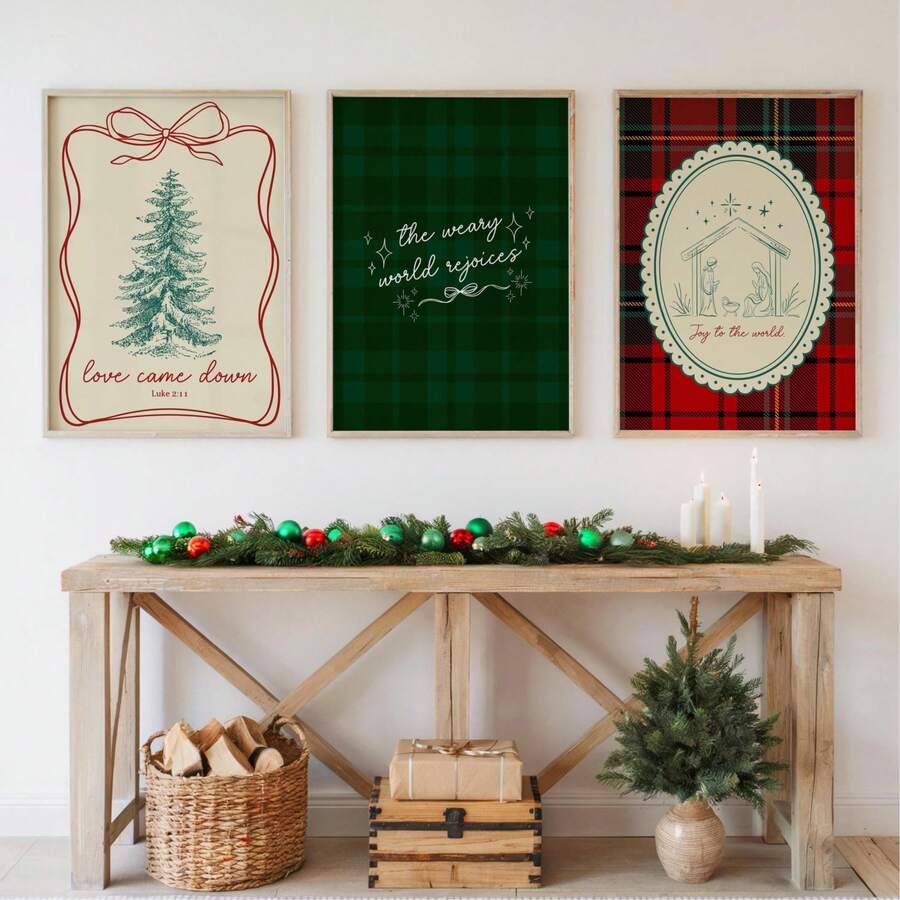 Vintage holiday canvas print set displayed on an entryway console