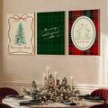 Three-piece vintage Christian Christmas canvas art set above a dining table