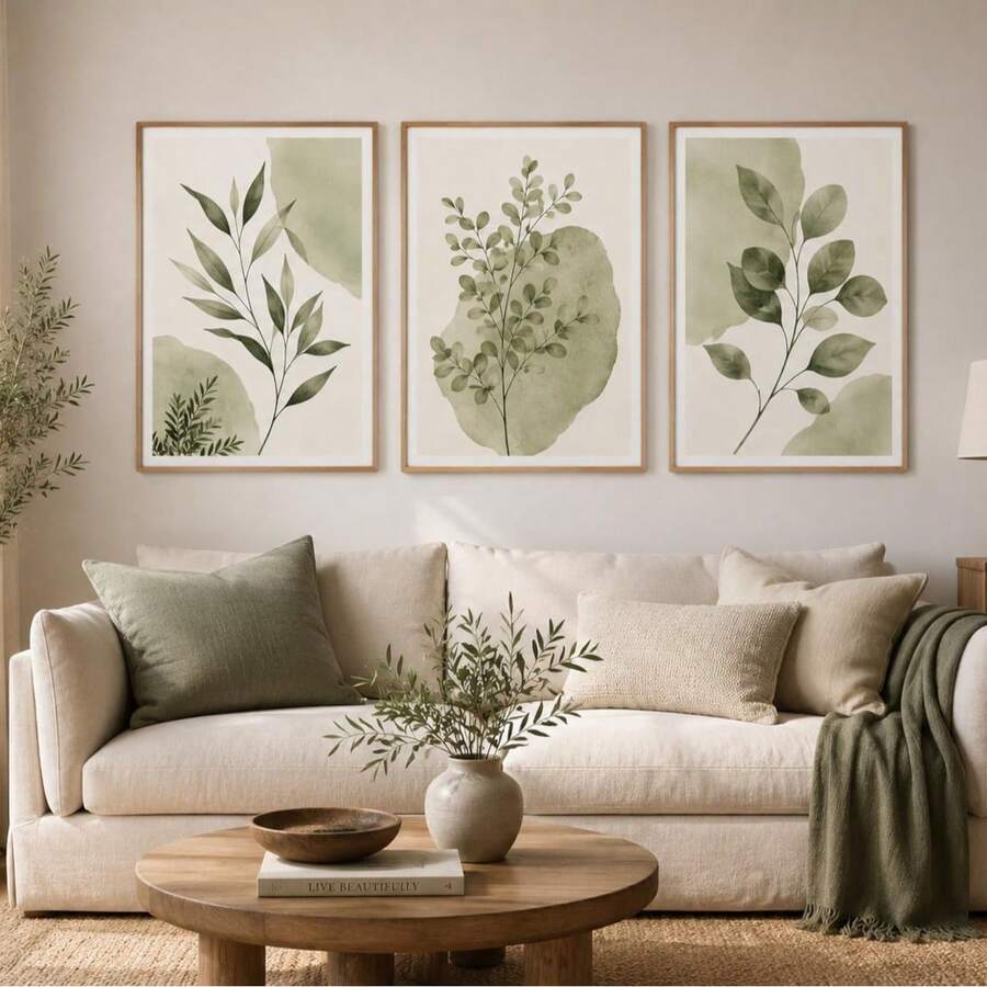 Three-piece botanical canvas prints with soft eucalyptus stems and leaves