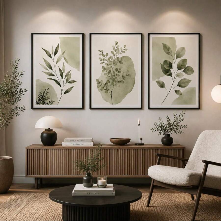 Minimalist sage and cream eucalyptus wall art above a modern sofa