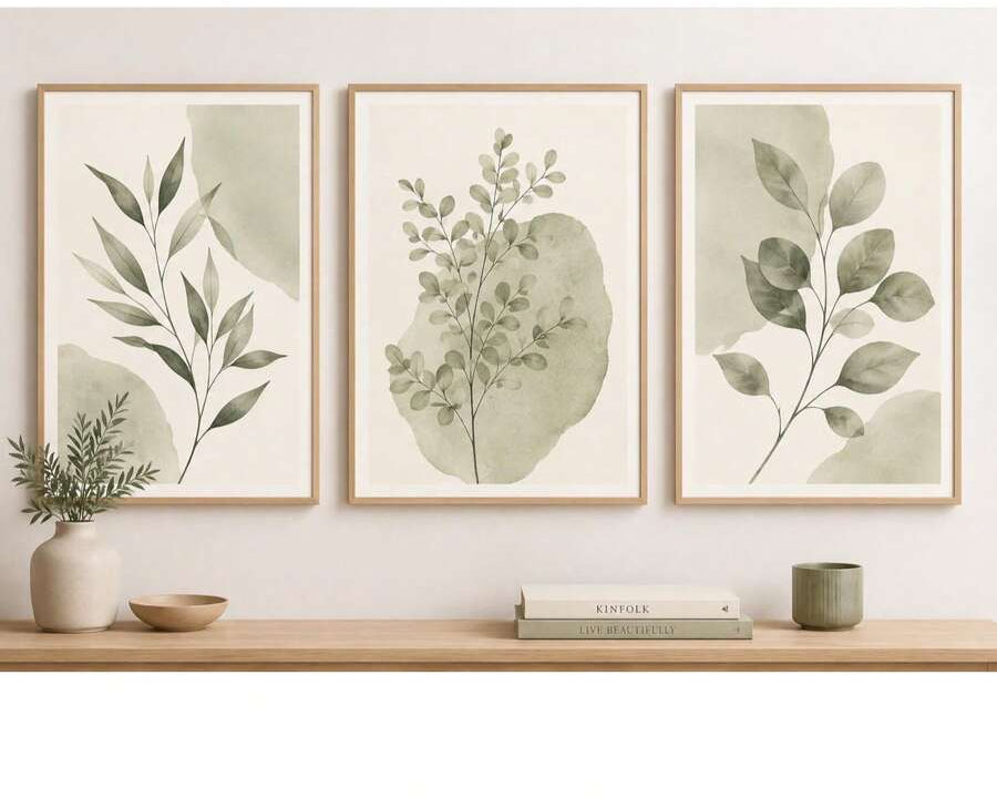 Vertical watercolor botanical posters with delicate olive green foliage