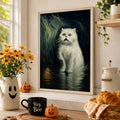 Halloween white cat wall art in a beaded frame with pumpkins in a kitchen