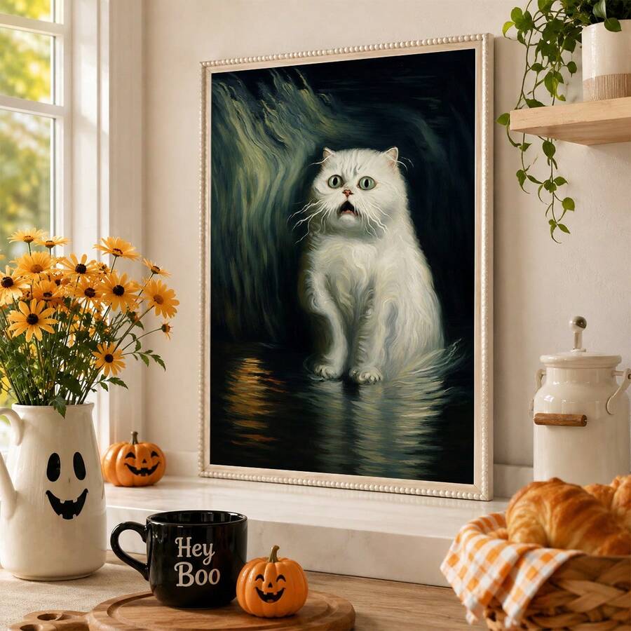 Halloween white cat wall art in a beaded frame with pumpkins in a kitchen