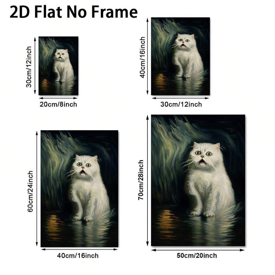 Moody white cat Halloween canvas poster in dark moss green and black oil-painting style