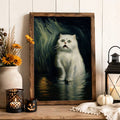 White cat canvas poster displayed on a Halloween table with flowers candles and pumpkins