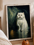 Halloween cat wall art in a weathered white wood frame with pumpkins in a bedroom