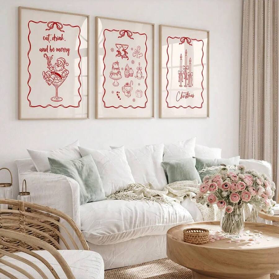 Minimalist Nordic Christmas canvas poster set above a soft sofa