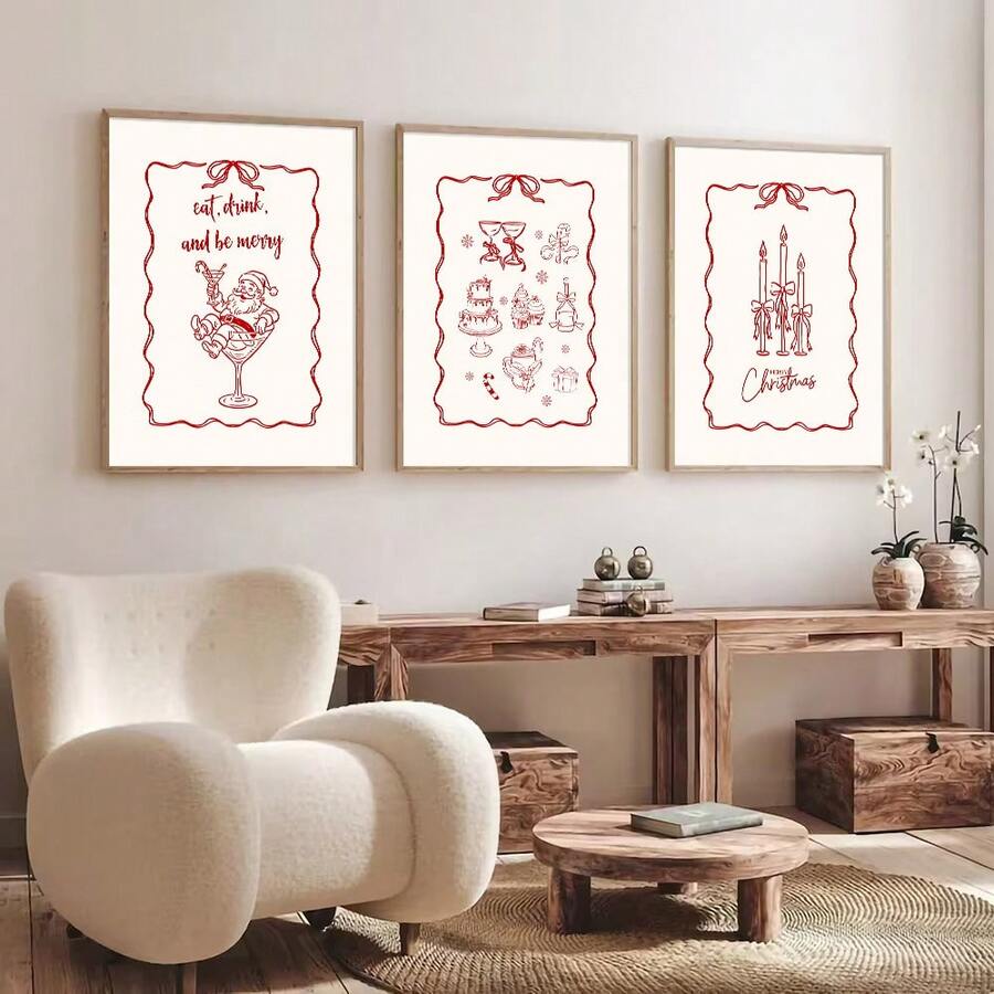 Three red Nordic Christmas canvas prints displayed in a living room