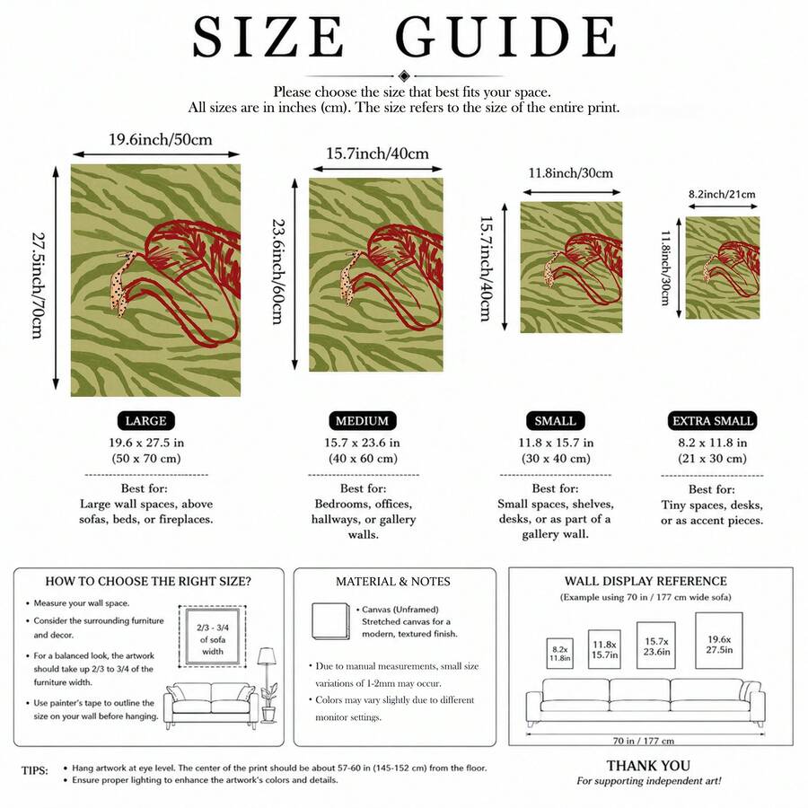 Canvas poster size guide for abstract red shoe and green zebra stripe artwork
