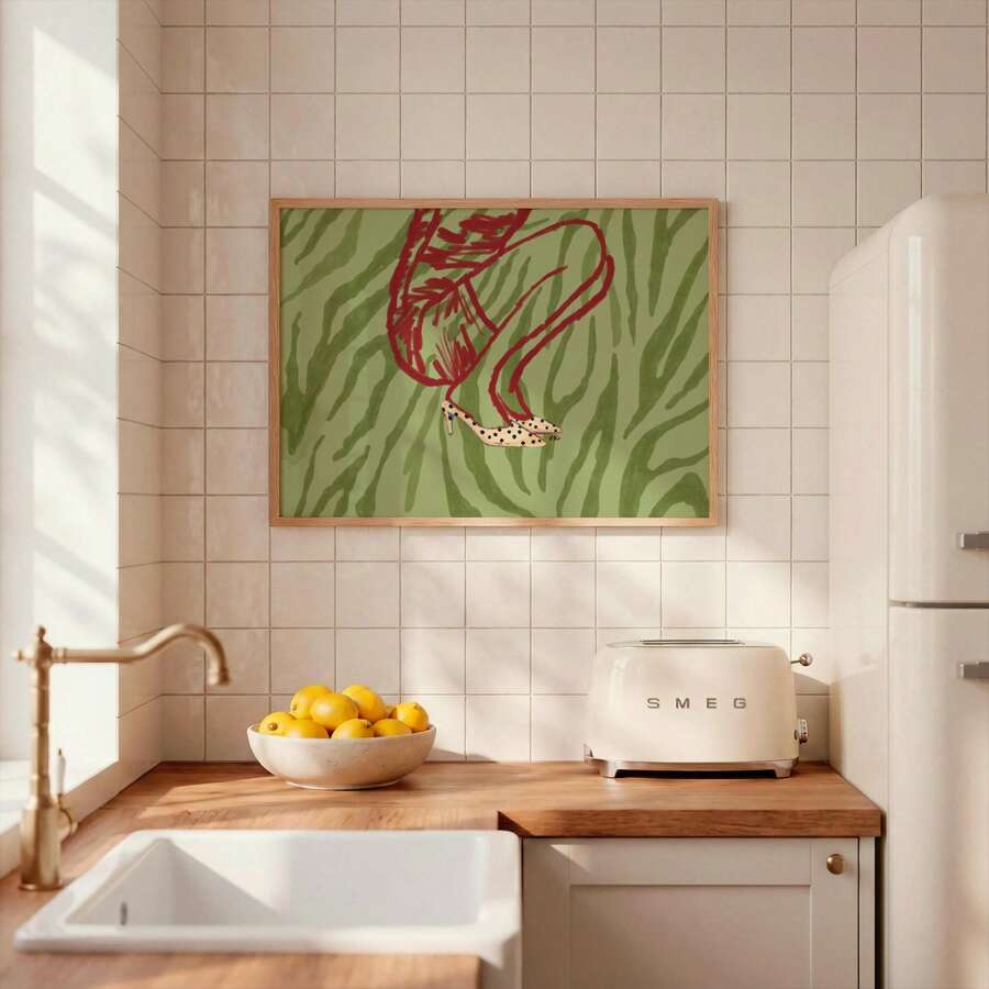 Boho abstract shoe wall art with olive green cream and black dot details