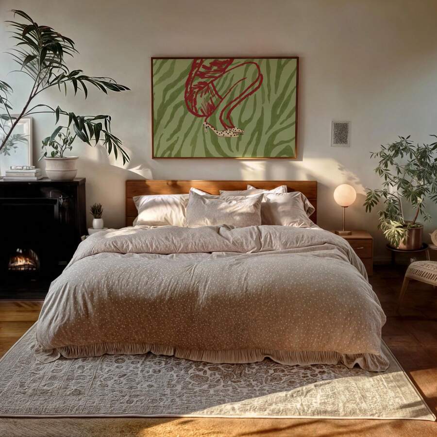 Red heel and green zebra stripe canvas print styled in a bright living room