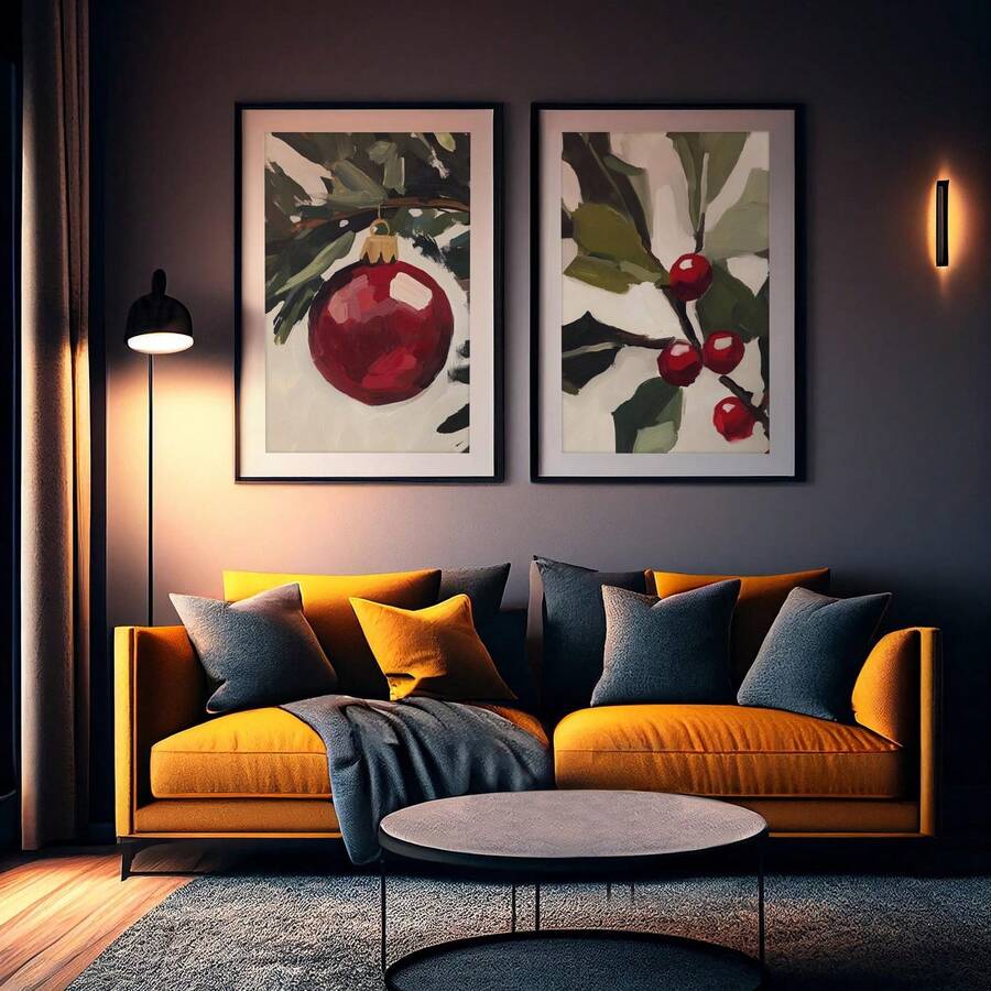 Pair of red ornament and holly berry prints above a mustard sofa in a dark living room