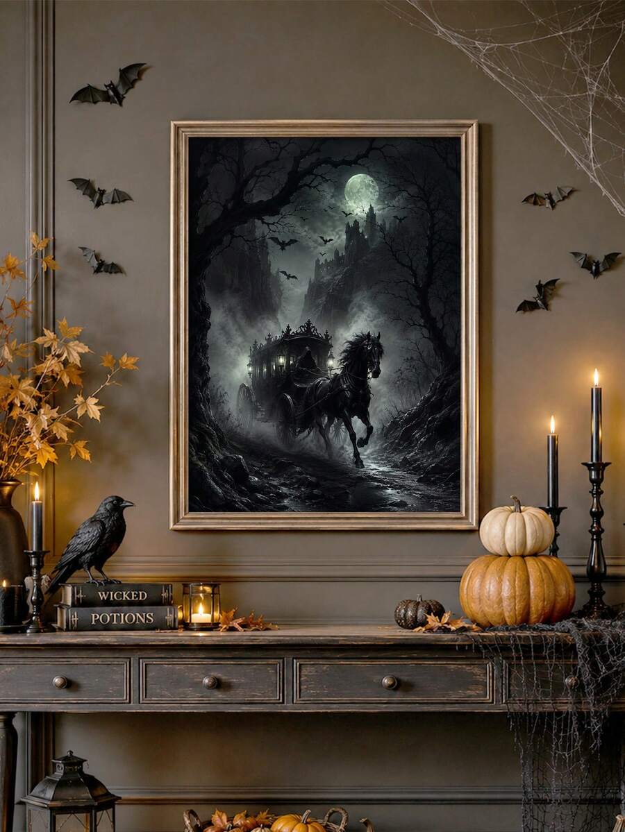 Framed haunted castle and horse carriage canvas styled with bats, pumpkins and candles