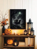 Black-framed moonlit carriage poster displayed with autumn flowers and lanterns