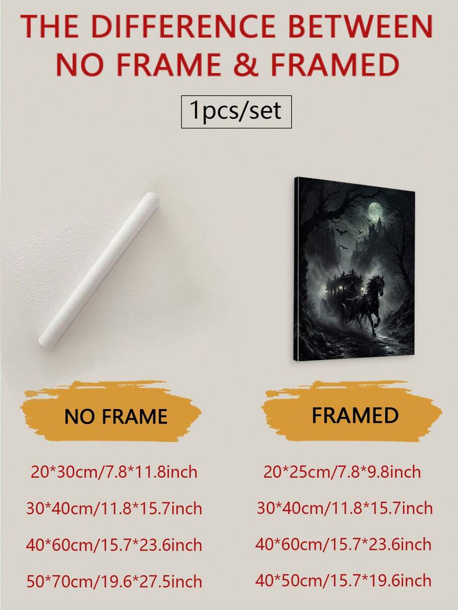 Framed and unframed options with size guide for gothic horse carriage canvas art