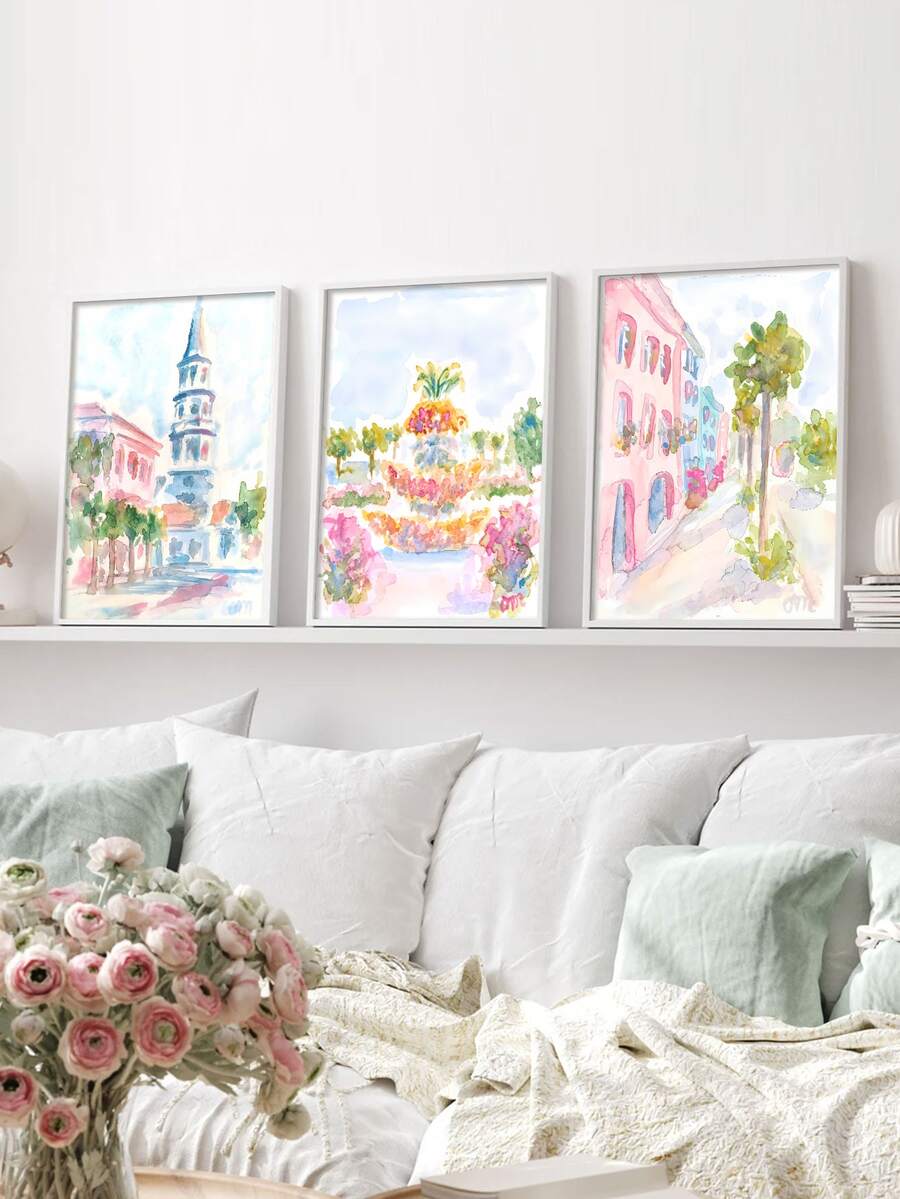 3 Piece Set Terracotta Pink Abstract Floral Bohemian Canvas Poster 