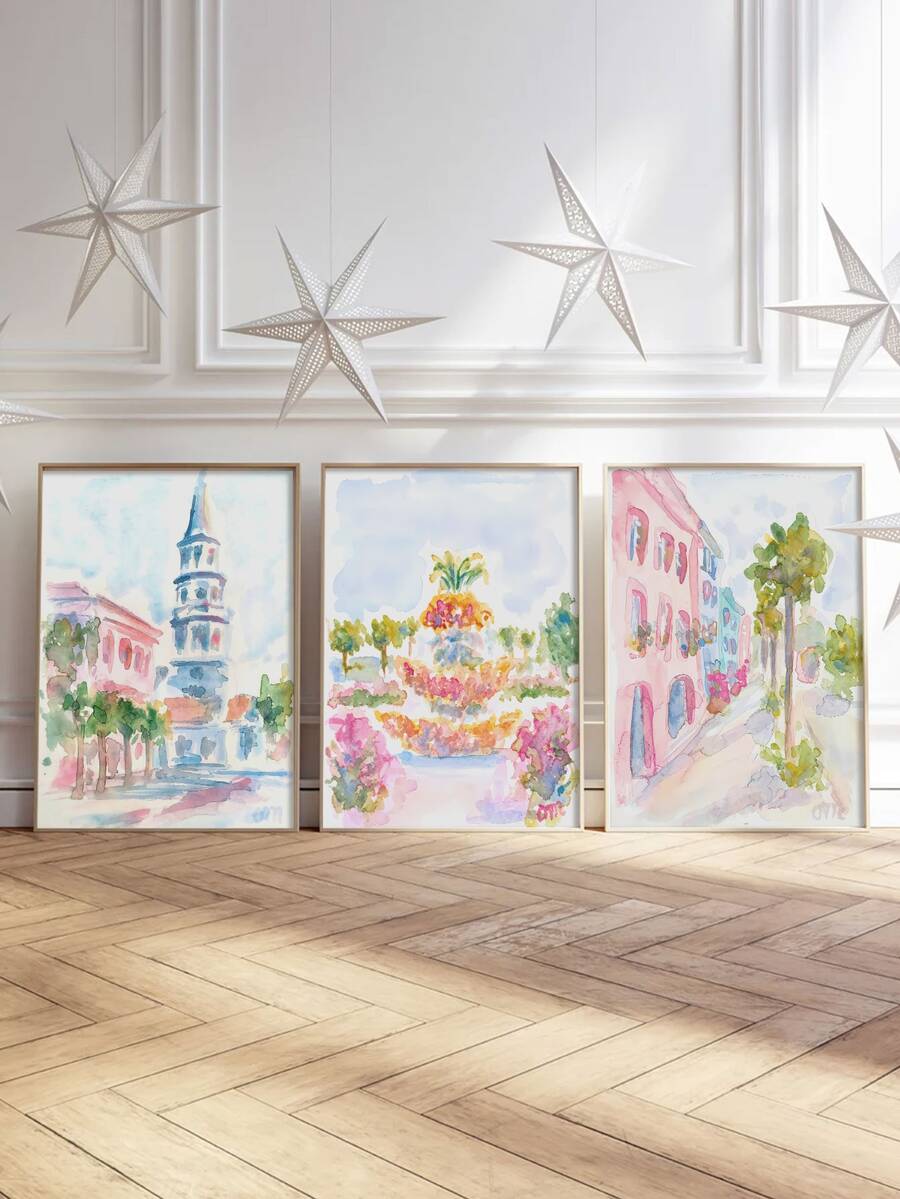 3 Piece Set Terracotta Pink Abstract Floral Bohemian Canvas Poster 