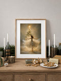 Christmas dancer artwork in a light frame with a white mat on a wooden sideboard beside candles and gingerbread cookies