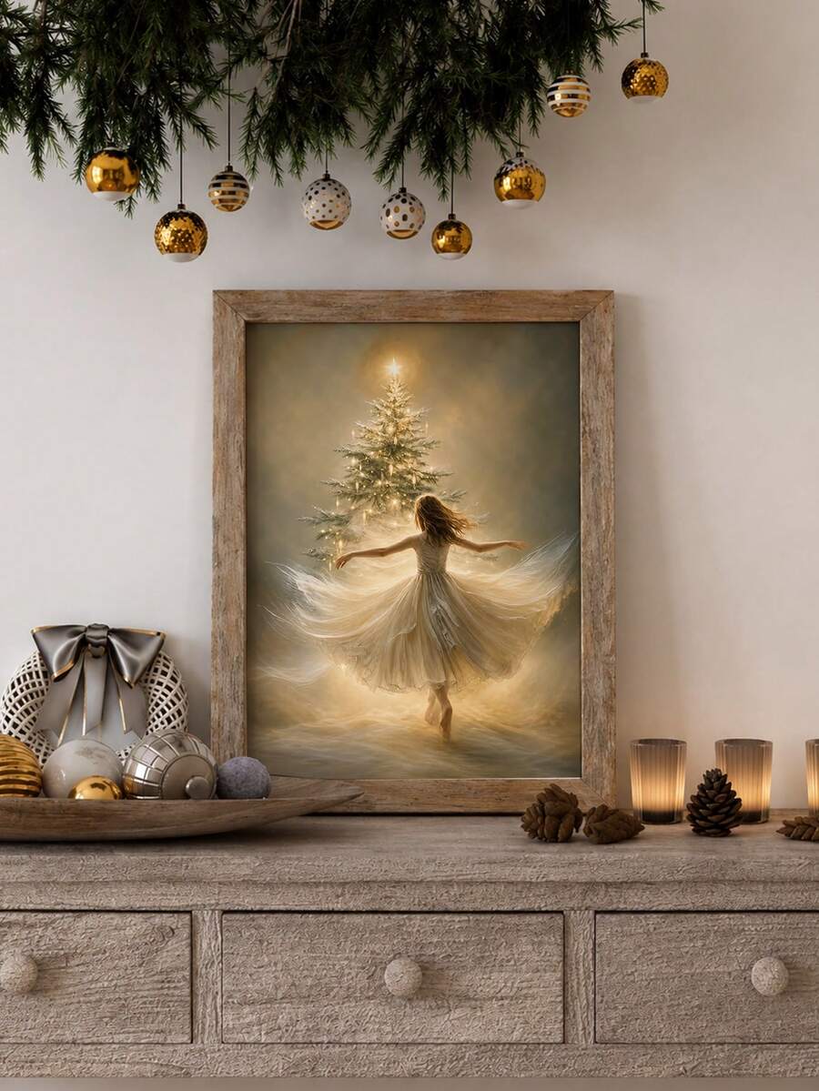 Dancer in a flowing ivory dress before a glowing Christmas tree in a rustic frame beside wrapped gifts and a lantern