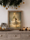 Dancing girl and glowing Christmas tree artwork on a console beneath evergreen branches and gold ornaments