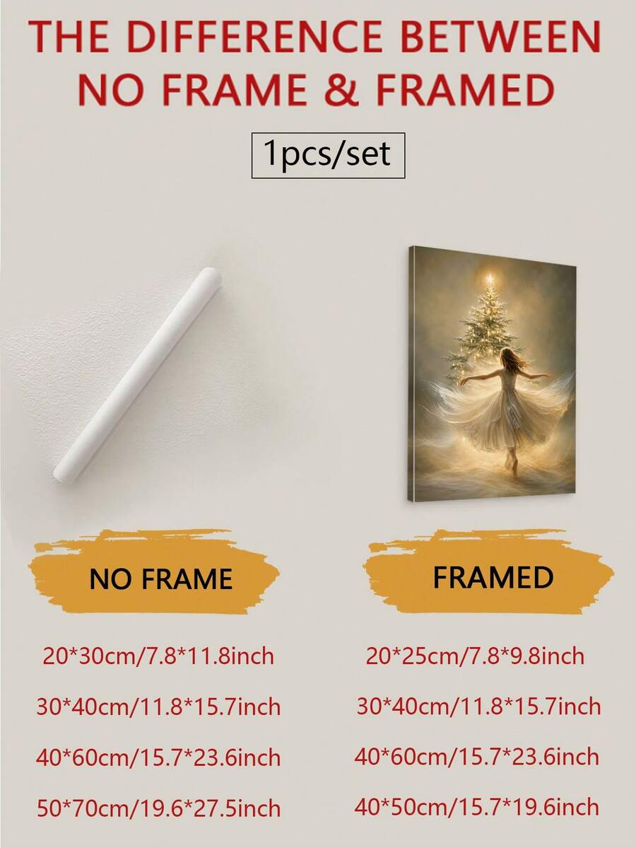 Framed and unframed canvas comparison and size guide for the dancing girl and golden Christmas tree artwork