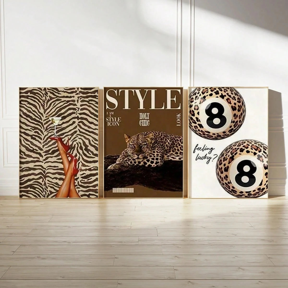 3pcs Wall Art Decor Set, 3 Canvas Posters Unframed Prints, Cheetah Leopard Print Magazine Style Painting Art, Zebra High Heels Lucky Ball Billiards, Bedroom Closet Living Room Decoration