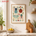 Framed insect folk art poster styled on a bright kitchen counter