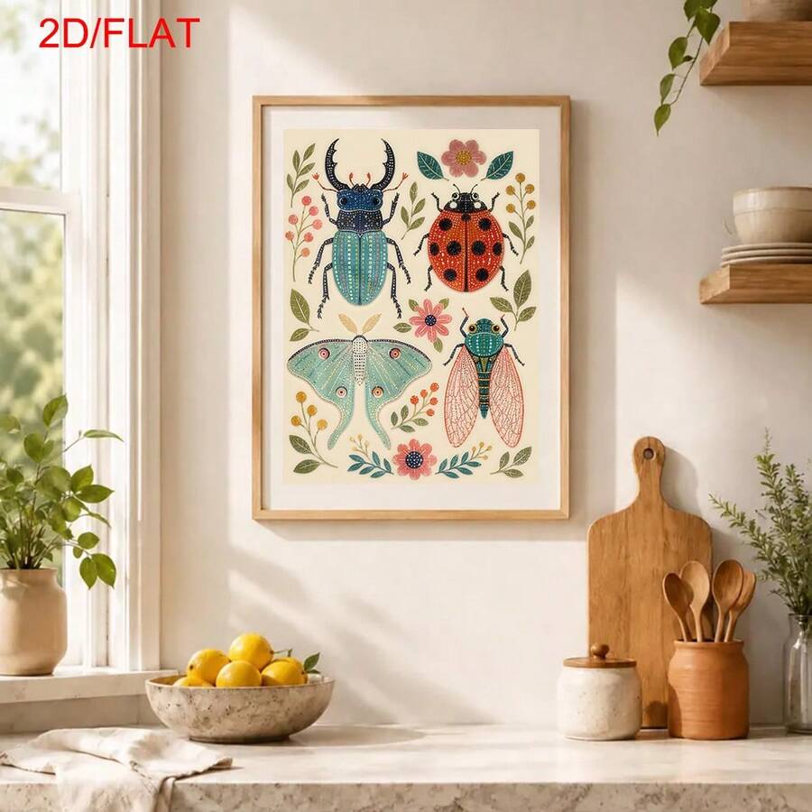 Framed insect folk art poster styled on a bright kitchen counter