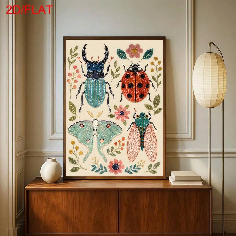 Framed colorful insect and botanical canvas displayed above a dark wood console