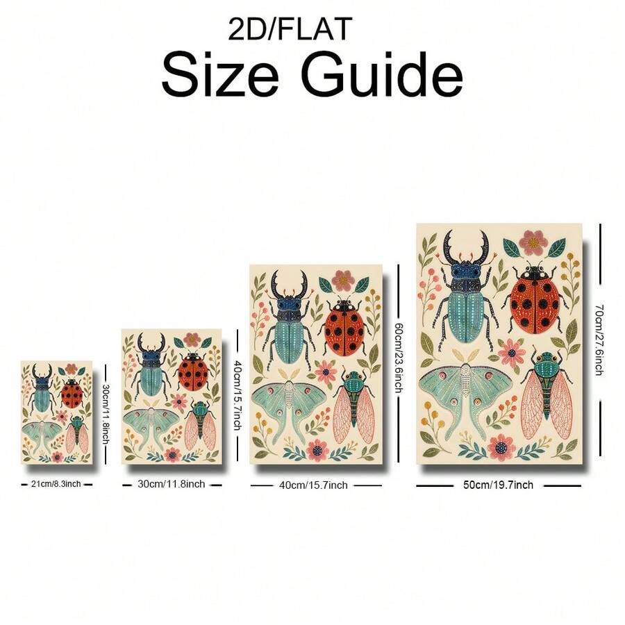 Canvas poster size guide showing the colorful beetle ladybug and moth artwork
